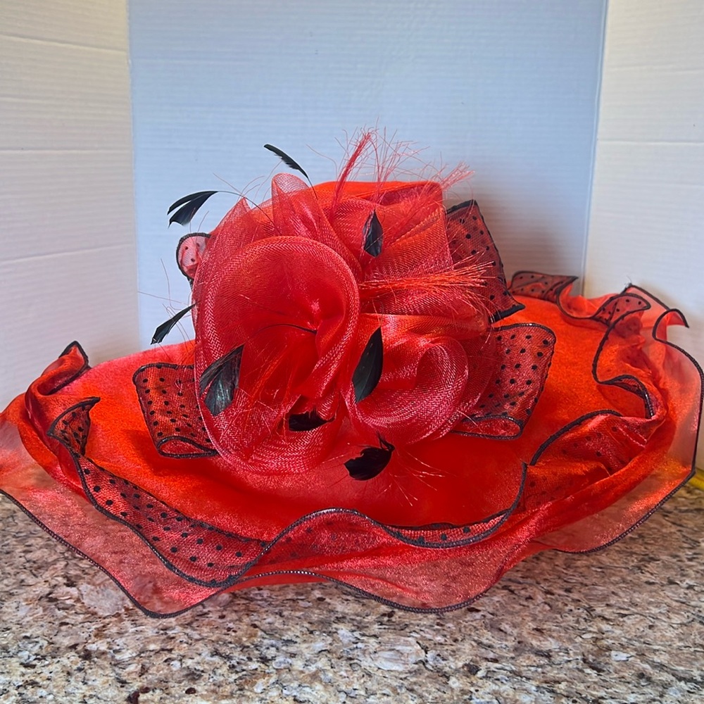 Something Special Wide Brim Church Kentucky Derby Dress Hat Red Black Polka Dot